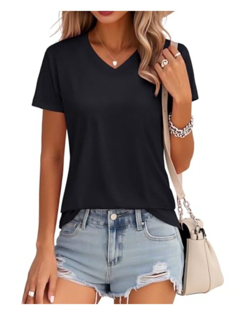 Women's Cotton V-Neck Short Sleeve T-Shirt Classic Fit Summer Basic Tee